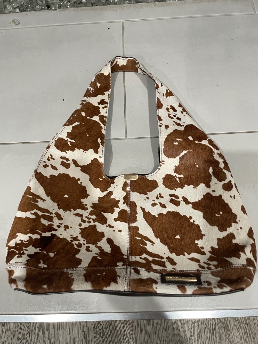 House of Harlow 1960 Brown and White Cowhide-Print Hobo Shoulder Bag